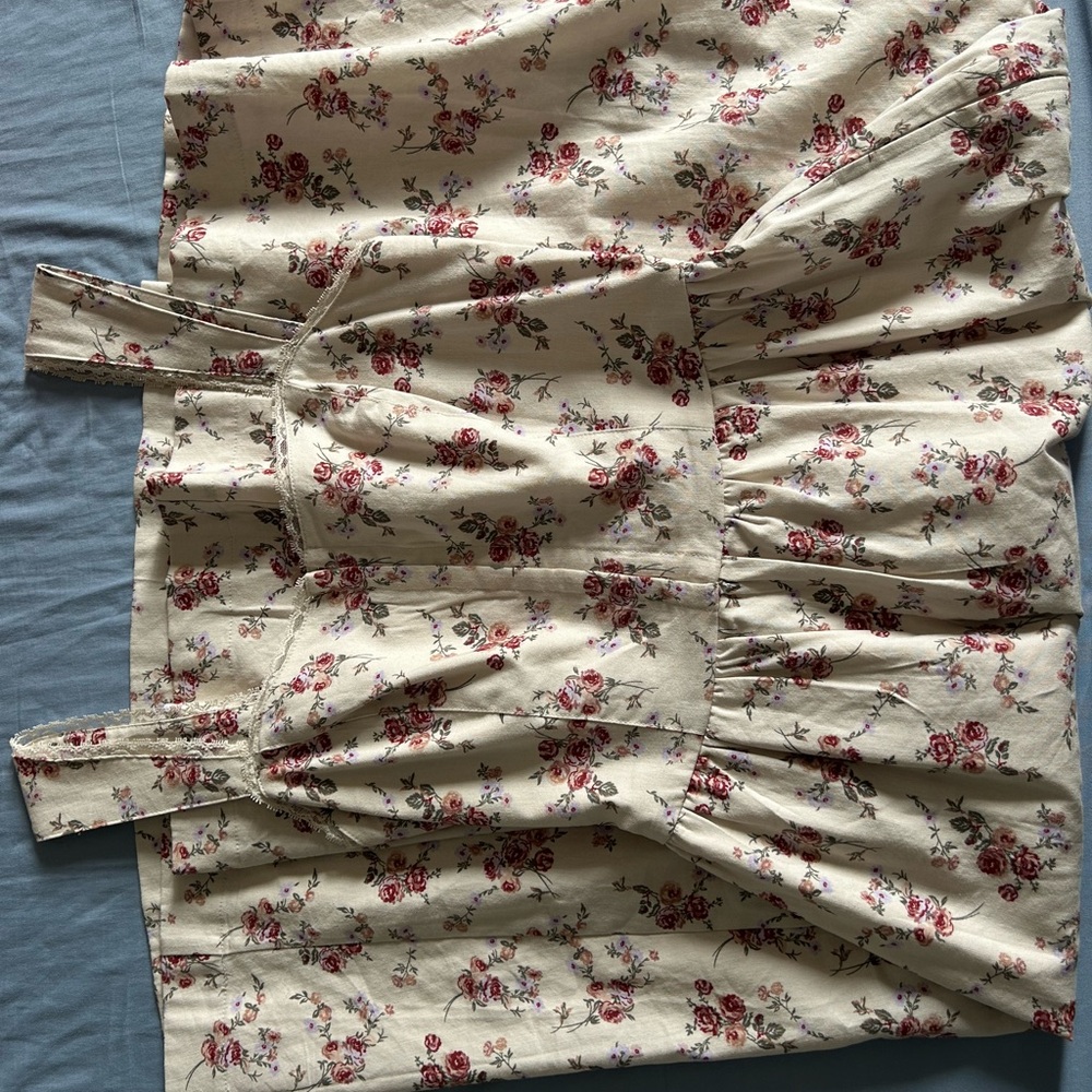 Cream Floral Midi Dress with Smocked Tie Front